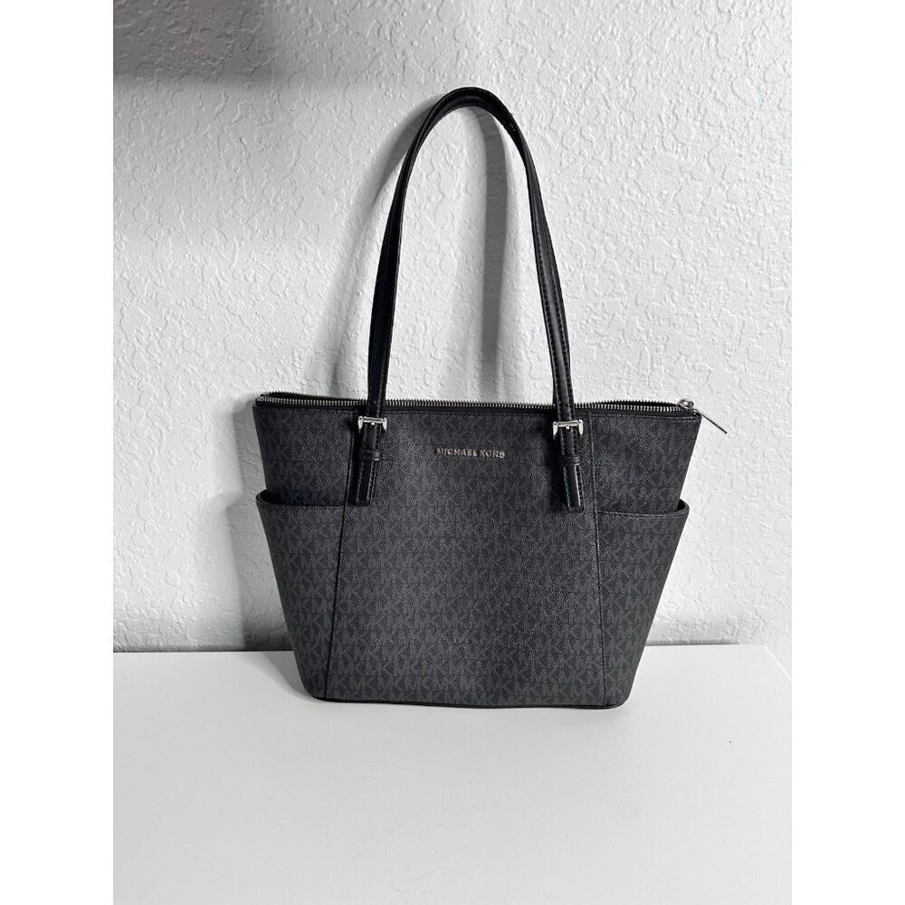 Michael Kors Jet Set East West Top Zip Logo Tote Black Leather EUC